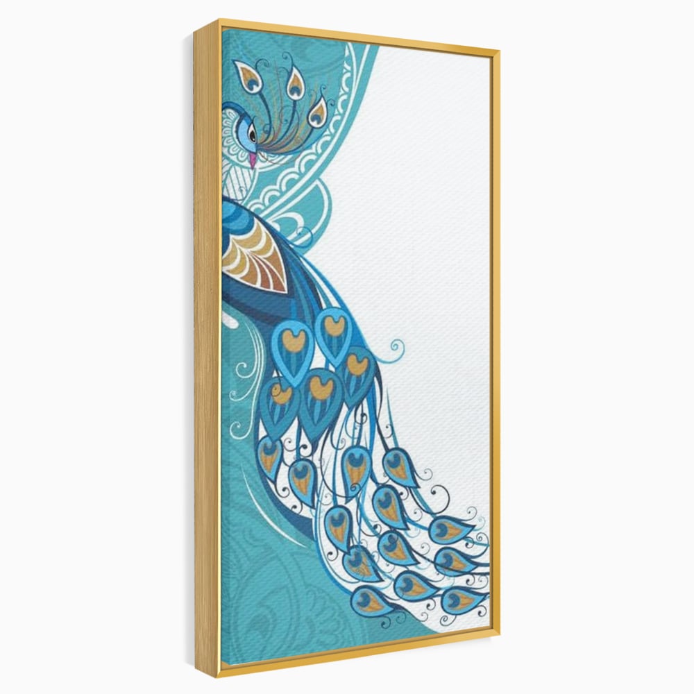 Tablou canvas cu ilustratie digitala cu paun si pene, in rama de aluminiu auriu